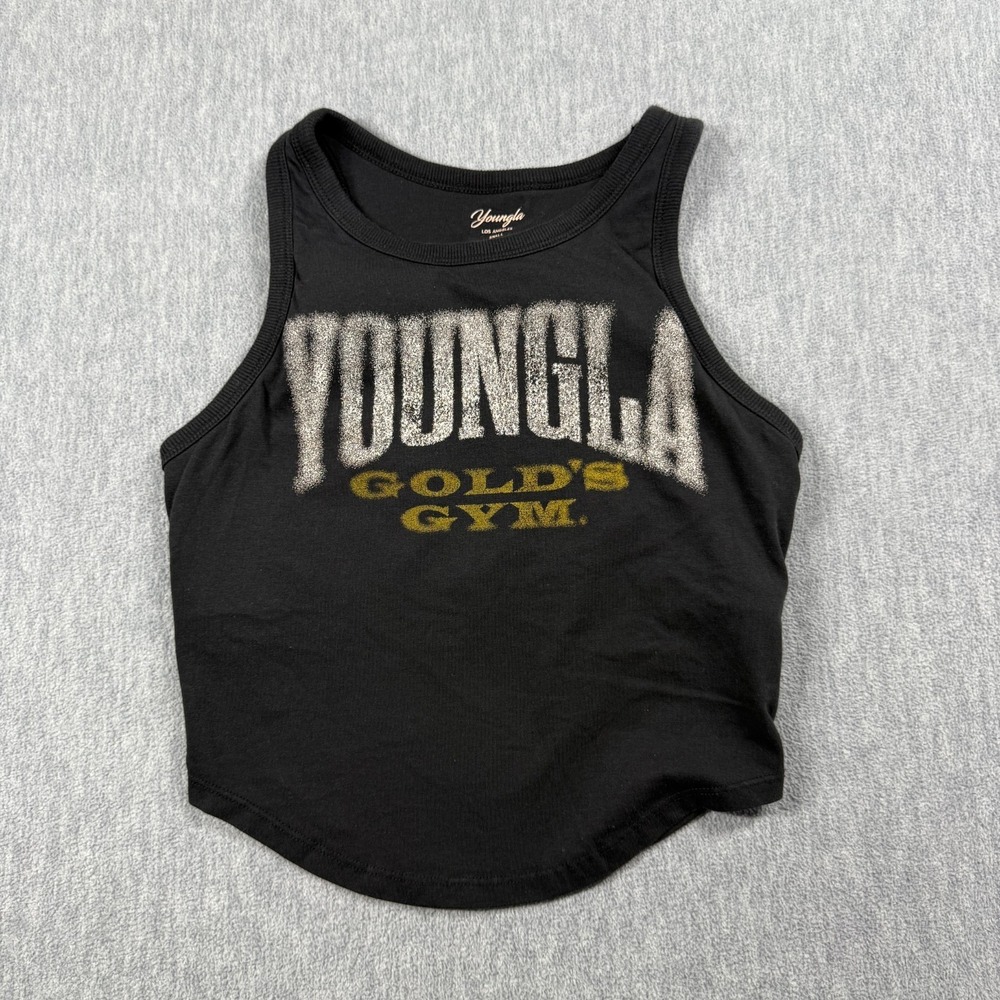 YoungLA Tank Top Womens S Black Golds Gym Ribbed Racerback Cropped Workout Crop